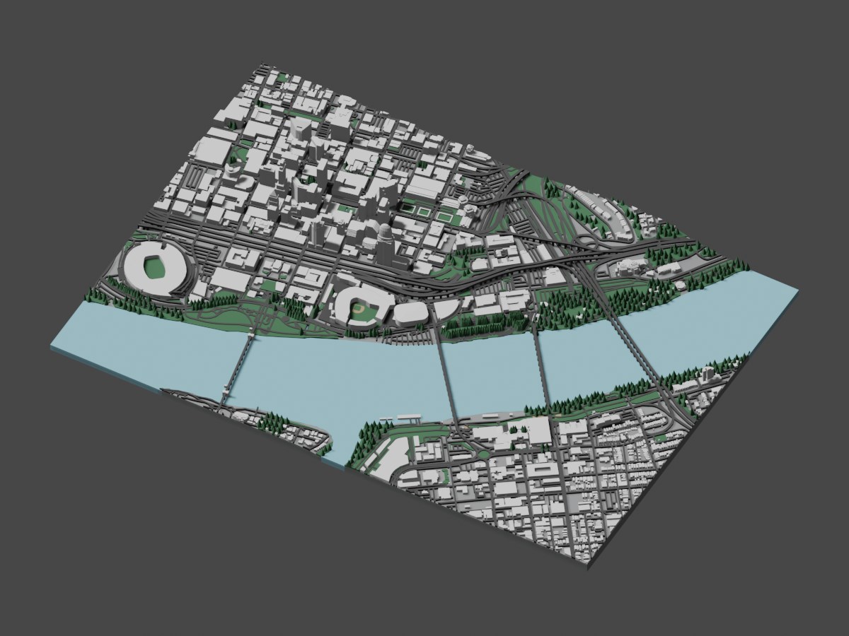 Generated 3D model of downtown Cincinnati and the Ohio River
