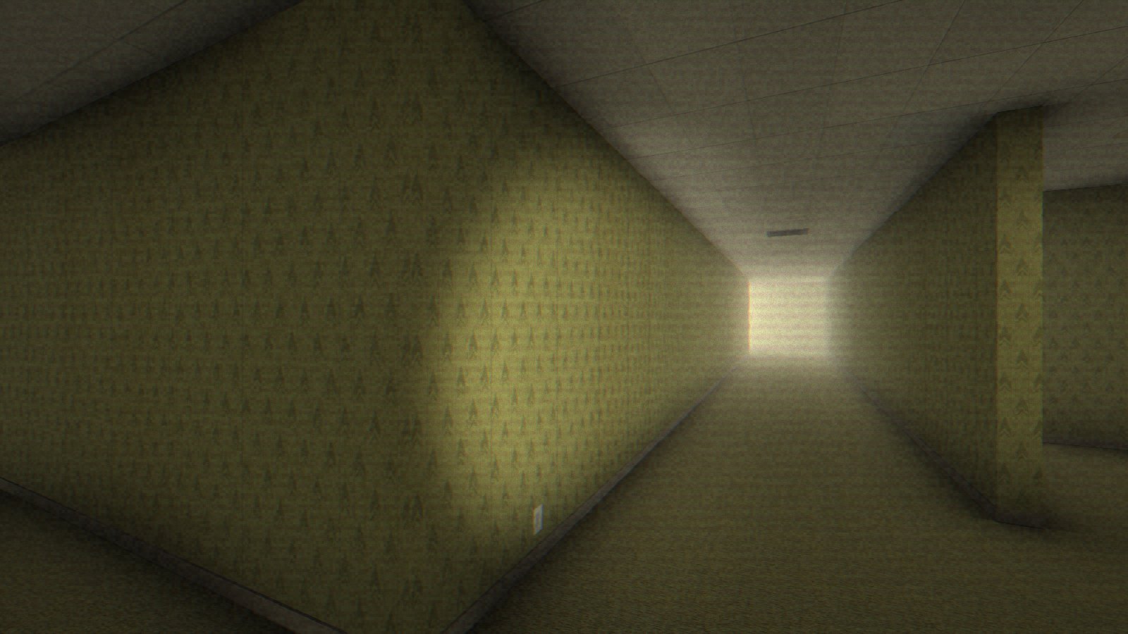 Flashlight illuminating a yellow corridor in Backrooms Simulator