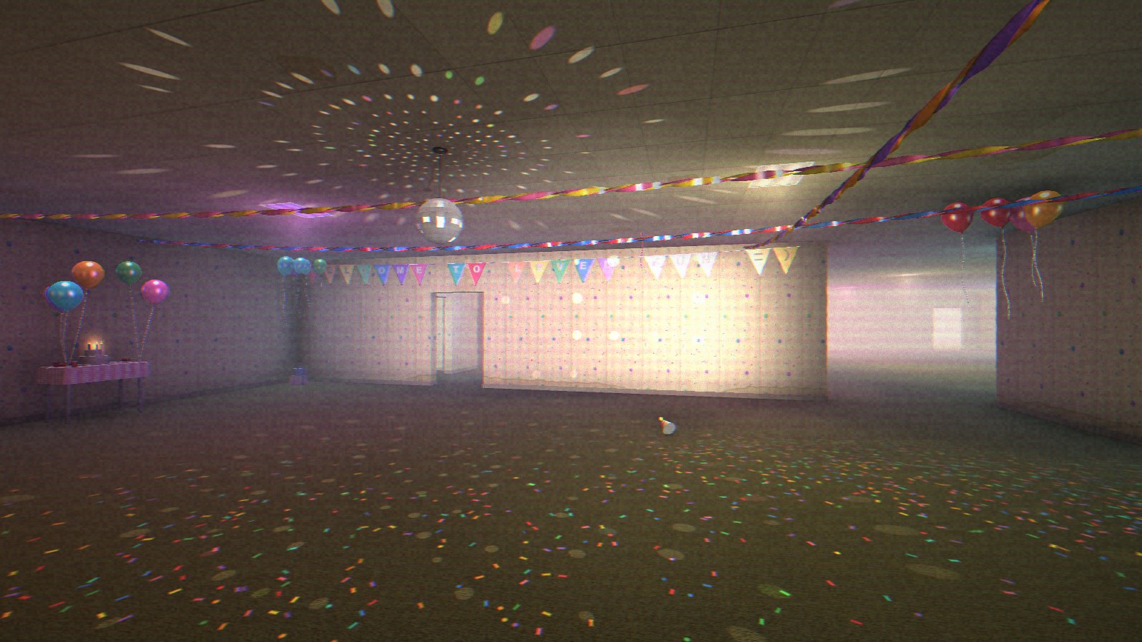 Level Fun in progress: party room with a welcome banner, streamers, balloons, and a disco ball, lit by the flashlight