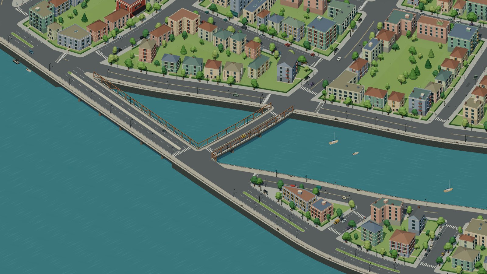 City streets and bridges along the river