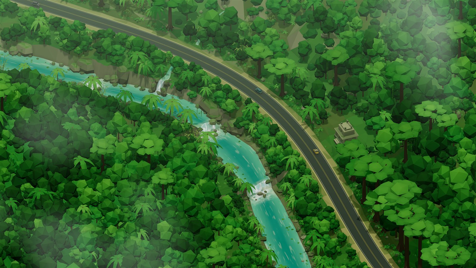 Road through the jungle beside a river