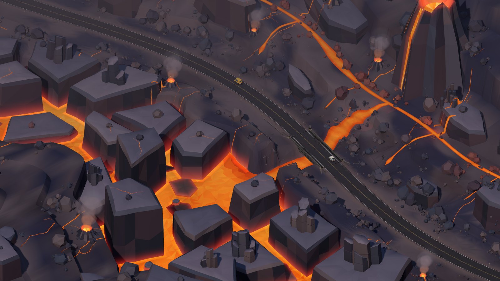 Road and bridge through a volcanic landscape